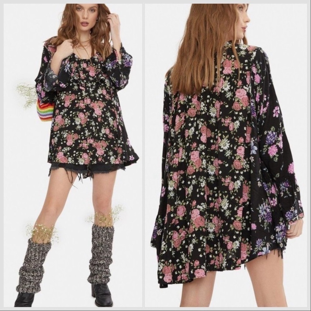 Free People Loretta Dark Combo Printed Tunic Top women oversized blouse Sz S